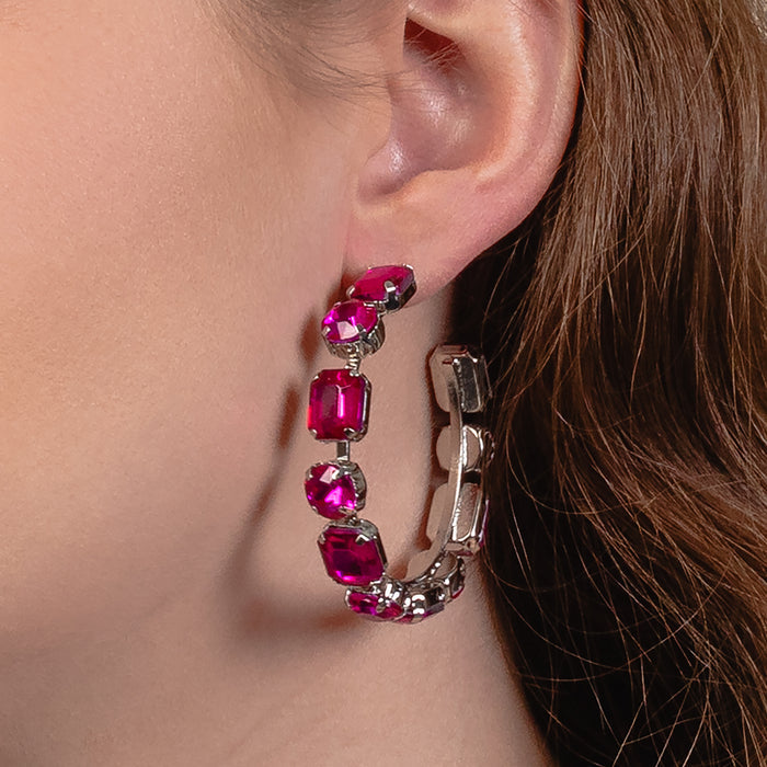 13018 - Crystal Hoop Earrings - Fuchsia