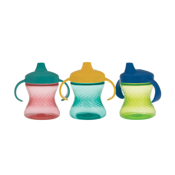 Three Nuby 2-Handle Hard Spout Sippy Cups (3 Pack) in aqua, red, and green are shown side by side. The no-spill cups have a wavy textured design and feature easy-grip handles for little hands.