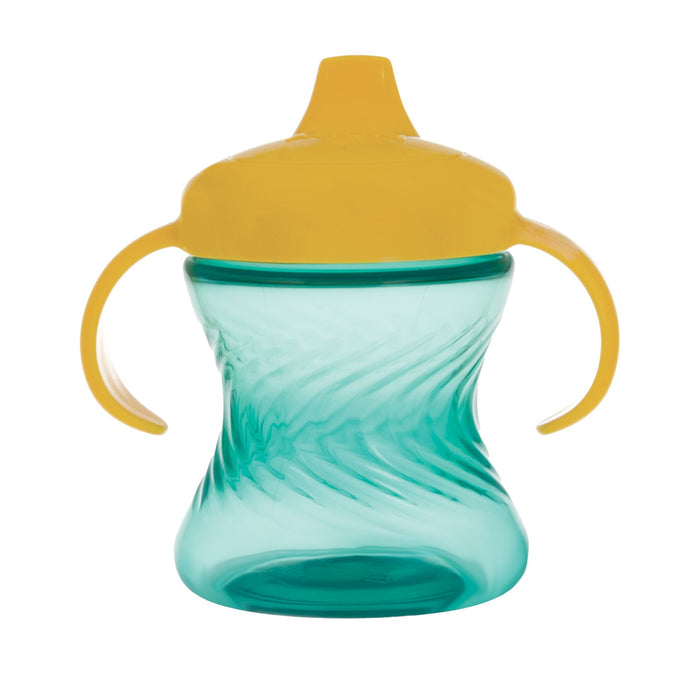 The Nuby 2-Handle Hard Spout Sippy Cup (3 Pack) in Aqua/Red/Green is a no-spill, easy-grip cup for young children, featuring two large handles and a durable hard spout.