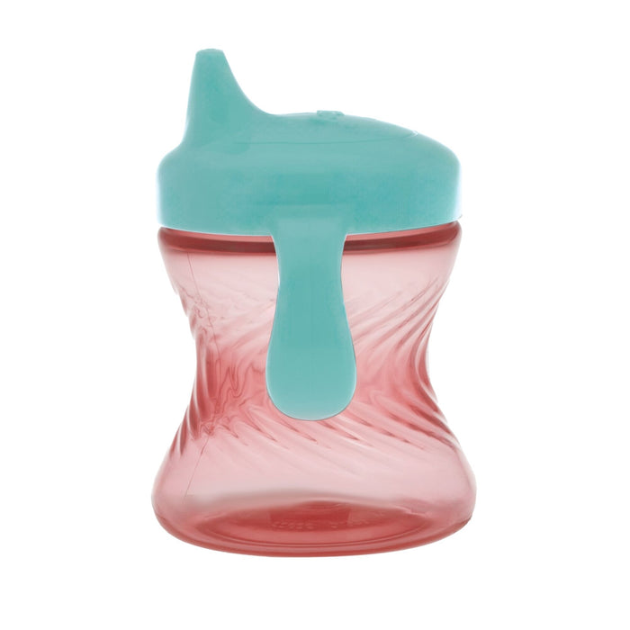 The Nuby 2-Handle Hard Spout Sippy Cup (3 Pack) comes in aqua, red, and green, featuring an easy-grip textured body, no-spill hard spout lid, and built-in handles for toddlers.