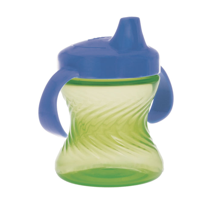 The Nuby 2-Handle Hard Spout Sippy Cup (3 Pack) in Aqua, Red, and Green features textured sides, two handles, a hard spout, and a no-spill design for easy, mess-free drinking.