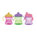 The Nuby 2-Handle Hard Spout Sippy Cup (3 Pack) in Pink/Green/Purple features no-spill designs and easy-grip handles, shown with colorful lids, perfect for toddlers.