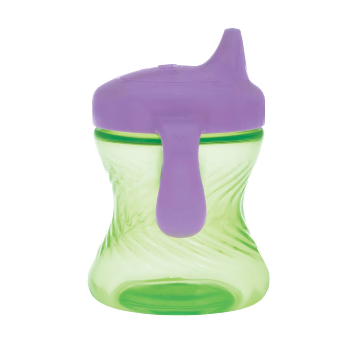 The Nuby 2-Handle Hard Spout Sippy Cup (3 Pack) in Pink/Green/Purple is a curved, green plastic cup with a purple lid, spout, and two easy-grip side handles designed to prevent spills.