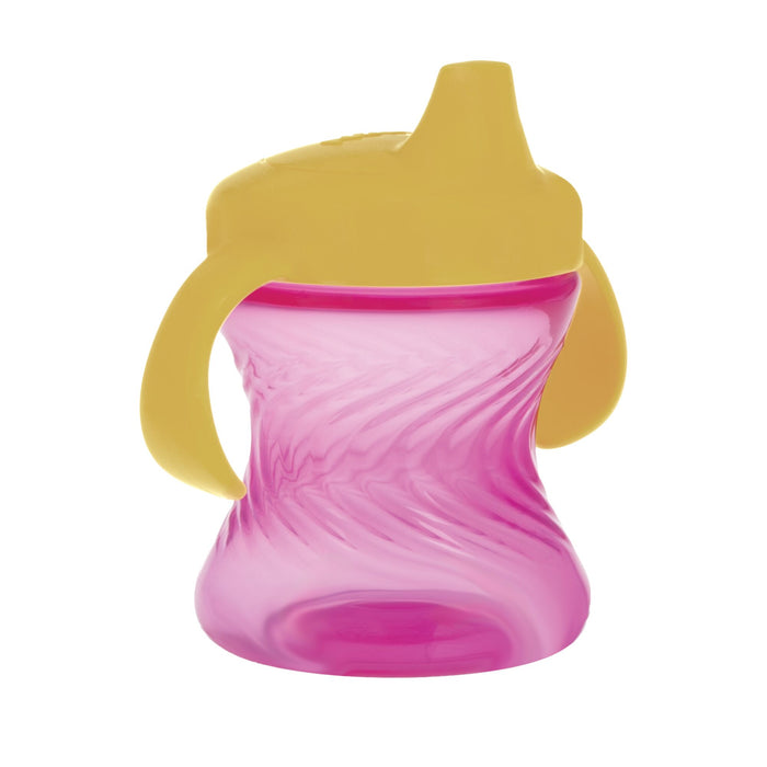 The Nuby 2-Handle Hard Spout Sippy Cup (3 Pack) in pink, green, and purple has a swirled design, yellow no-spill lid, and two easy-grip handles—perfect for young children.