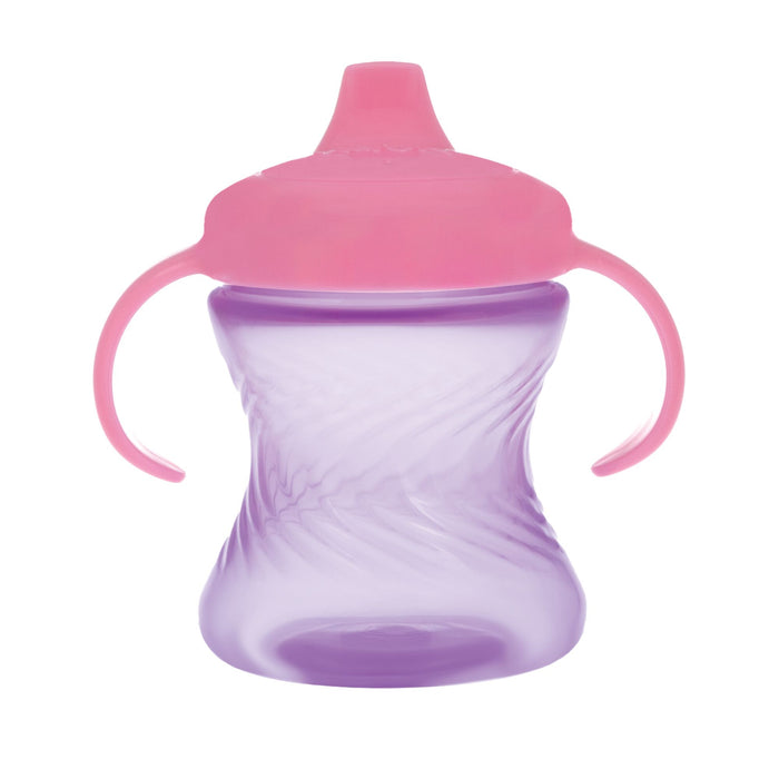 The Nuby 2-Handle Hard Spout Sippy Cup (3 Pack) in pink, green, and purple features a no-spill design, twist pattern, dual easy-grip handles, and spout lids—perfect for young children.
