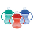 The Nuby 2-Handle Mini Grip N’ Sip Training Sippy Cup (3 Pack) includes green, red, and blue cups with clear, soft spouts and large side handles for easy gripping.