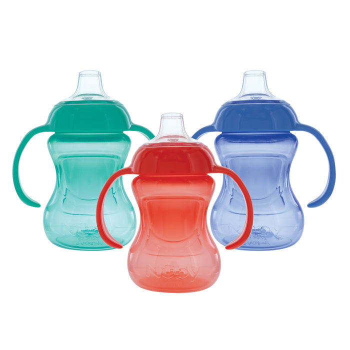 The Nuby 2-Handle Mini Grip N’ Sip Training Sippy Cup (3 Pack) includes green, red, and blue cups with clear, soft spouts and large side handles for easy gripping.