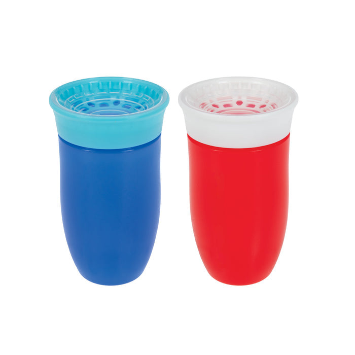 The Nuby 360 Wonder Cup (2 Pack - 10 oz) includes a blue cup with light blue lid and a red cup with white lid, both featuring spill-proof, leak-resistant designs, shown against a white background.