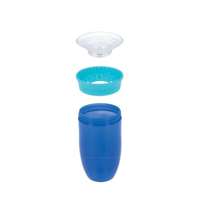 A Nuby 360 Wonder Cup (2 Pack - 10 oz) in blue is shown with its turquoise insert and clear, leak-resistant lid separated above the cup, all displayed vertically against a white background.