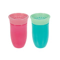 The Nuby 360 Wonder Cup (2 Pack - 10 oz) in Pink/Aqua features light-colored rims, sealing lids with small holes for spill-proof sipping, and a spoutless design for fun, leak-resistant use by toddlers.