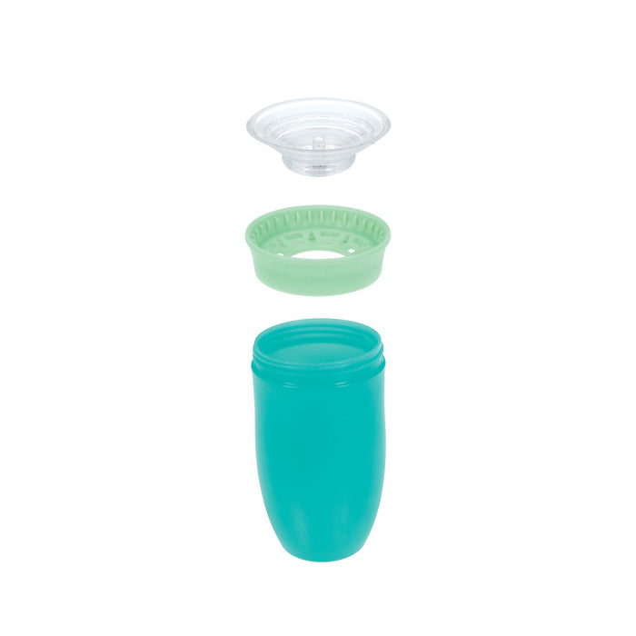 A Nuby 360 Wonder Cup (10 oz, Pink/Aqua) is shown with its parts separated vertically—clear lid, green ring, and leak-resistant cup—arranged on a white background.