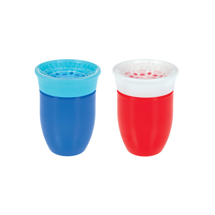 The Nuby 360 Wonder Cup (2 Pack - 7 oz) in blue with a light blue lid and red with a white lid, features a spoutless, strainer-like design on top. Both cups are placed side by side on a white background.