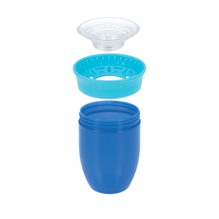 An image of Nuby's 360 Wonder Cup (2 Pack - 7 oz, Blue/Red) shows a blue spoutless cup, teal strainer, and clear lid arranged vertically in an exploded view.