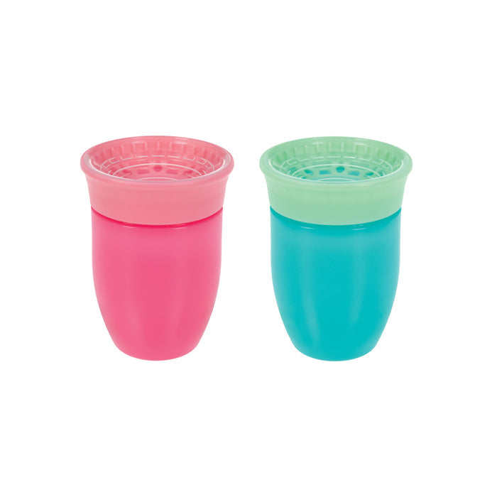 Two small Nuby 360 Wonder Cups (7 oz each, pink and aqua) sit side by side on a white background. Both spoutless cups have translucent lids and leak-resistant, wide openings, echoing the popular Wonder Cup design.