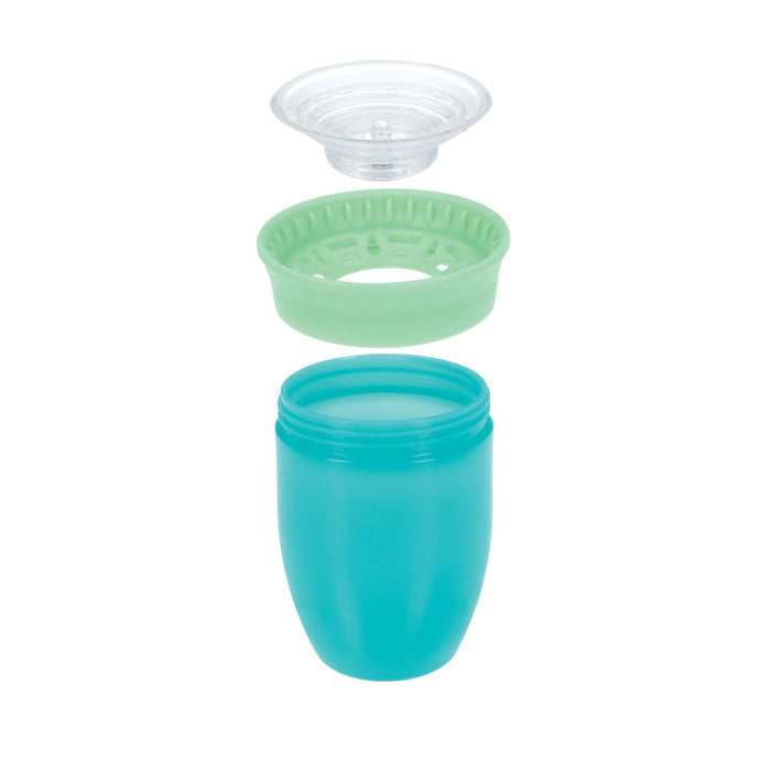 The Nuby 360 Wonder Cup (2 Pack - 7 oz, Pink/Aqua) is shown with its parts separated: a pink plastic spoutless cup, an aqua sippy lid, and a clear cover—all aligned vertically to display the leak-resistant design.