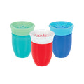 The Nuby 360 Wonder Cup (3 Pack - 7 oz) in Blue, Red, and Aqua features spill-proof, spoutless cups with leak-resistant lids, displayed on a white background.