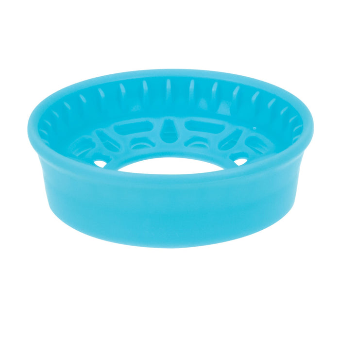 The Nuby 360 Wonder Cup Tray is a round, shallow, blue plastic tray with an open center and inner cut-out patterns, designed to complement your 360 Wonder Cup (3 Pack - 7 oz) or any spoutless cup for added convenience.