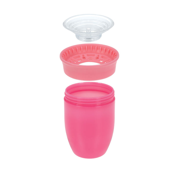 The Nuby 360 Wonder Cup (3 Pack - 7 oz) includes purple, pink, and aqua cups with an open base, perforated middle layer, and transparent lid, each stackable and separately designed.