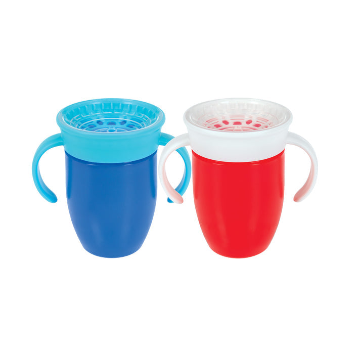 Set of two Nuby 360 Wonder Cups with handles (7 oz each, blue/red); spoutless, leak-resistant cups with spill-proof rims for easy, mess-free drinking.