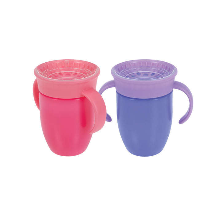 The Nuby 360 Wonder Cup with Handles (2 Pack - 7 oz, Pink/Aqua) features easy-grip handles and spoutless, leak-resistant design for toddlers, making sipping simple and preventing spills like a classic Wonder Cup.