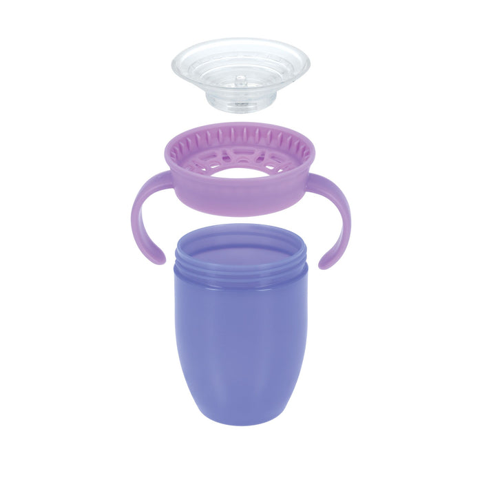 A Nuby 360 Wonder Cup with Handles (2 Pack - 7 oz, Pink/Aqua) is shown disassembled: a clear lid on top, a handle section in the middle, and the main cup at the bottom—all parts aligned vertically in this spoutless design.
