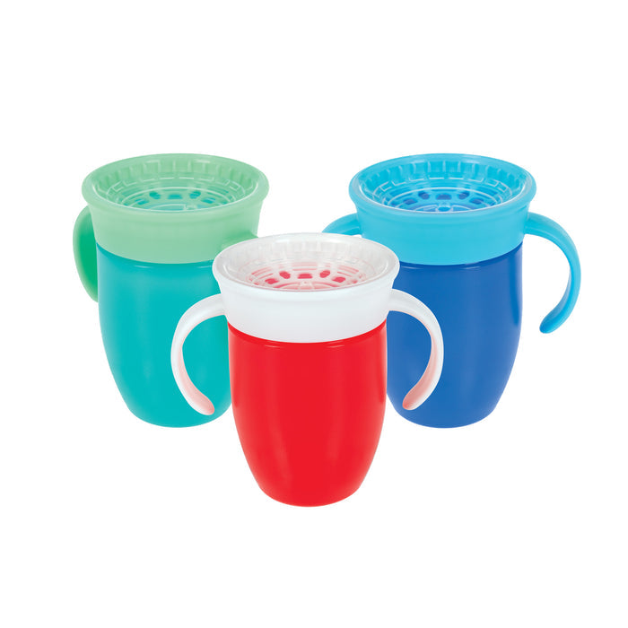 The Nuby 360 Wonder Cup with Handles (3 Pack - 7 oz) features blue, red, and aqua spill-proof toddler cups with silicone rims, shown together on a white background.