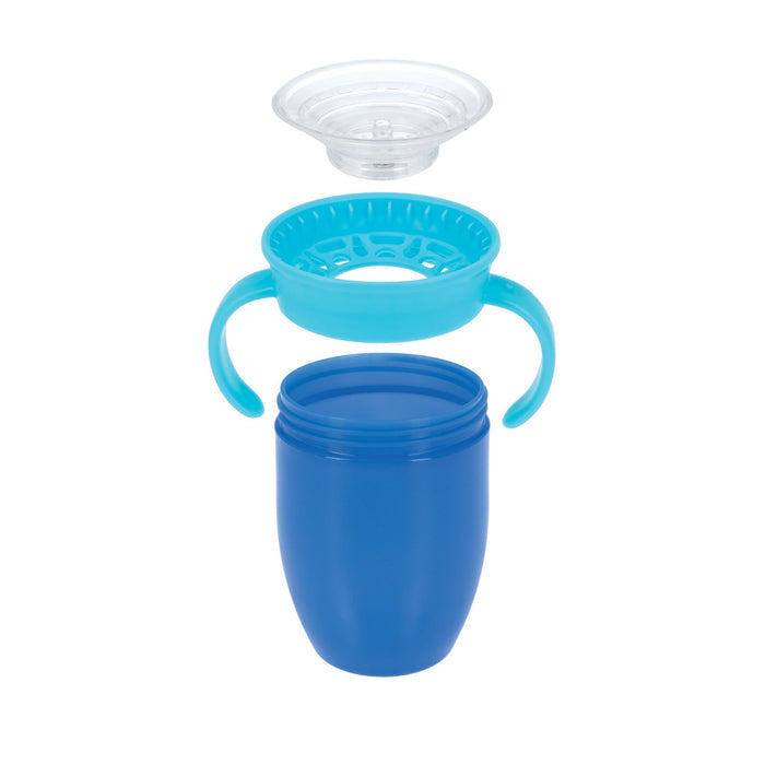 The Nuby 360 Wonder Cup with Handles (3 Pack - 7 oz) in Blue/Red/Aqua is shown disassembled into its main cup, handle ring, and clear lid. This spill-proof toddler cup has a silicone rim and can be taken apart for easy cleaning.