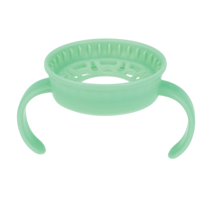 A Nuby 360 Wonder Cup with Handles (3 Pack - 7 oz, Blue/Red/Aqua) features round plastic cups with two curved handles and a slotted inner ring, resembling a spill-proof sippy cup accessory for easy gripping.