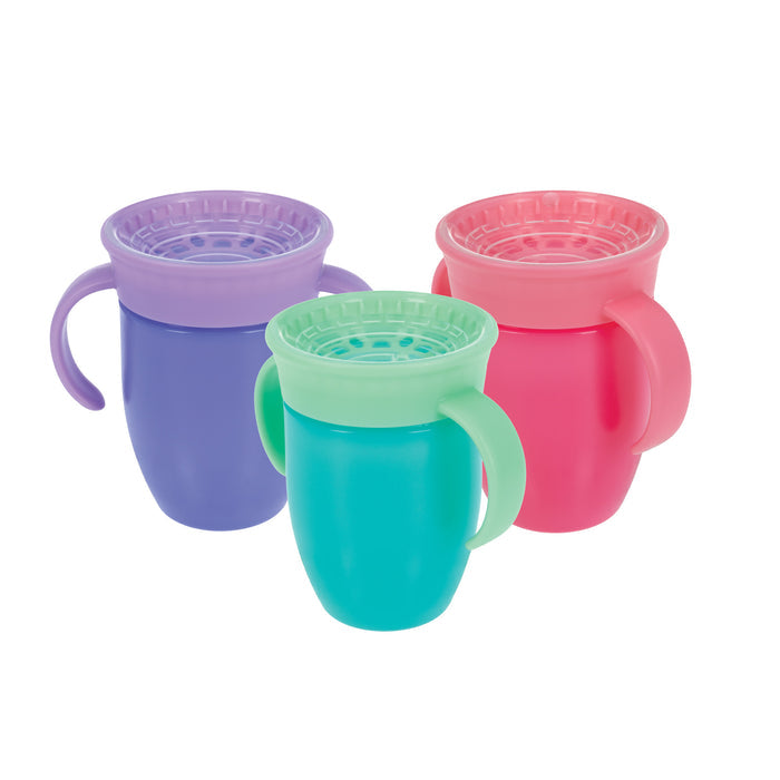 The Nuby 360 Wonder Cup with Handles (3 Pack - 7 oz) in purple, pink, and aqua is shown side by side on a white background, each featuring a translucent lid to help prevent spills.