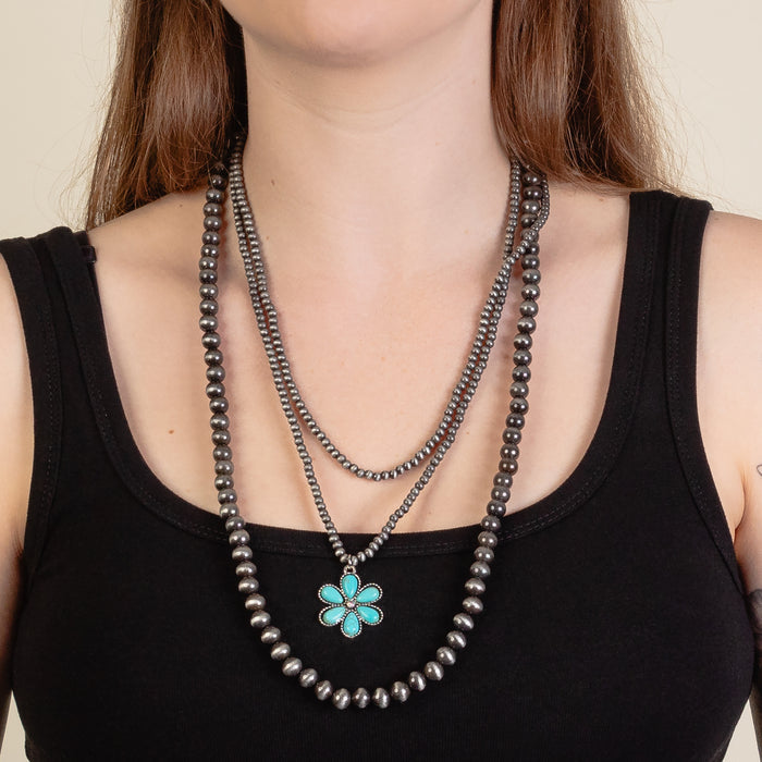 92213 - Layered Squash Blossom Necklace - Turquoise & Silver