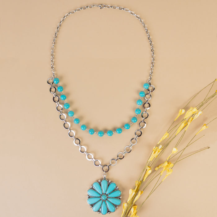 92223 - Layered Squash Blossom Necklace - Turquoise & Silver