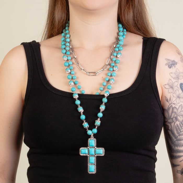 92252 - Layered Squash Blossom Necklace - Turquoise & Silver
