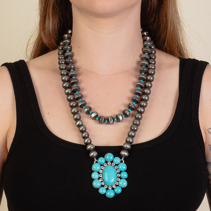 92274 - Layered Squash Blossom Necklace - Turquoise & Silver