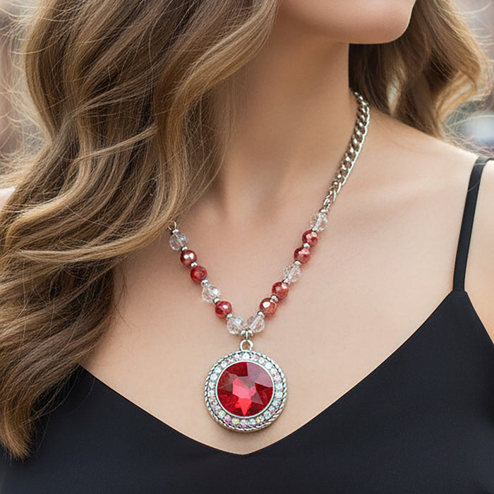 92429 - Crystal Pendant Necklace - Red