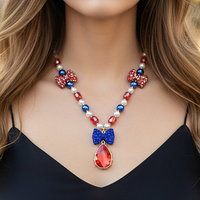 92439 - Crystal Pendant Necklace - Red White & Blue