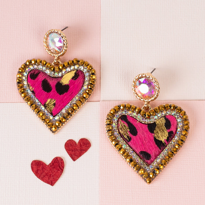 93164 - Animal Print Heart Earrings - Fuchsia