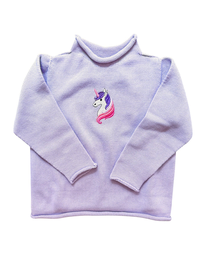 A Soft Idea Roll Neck Sweater in Lavender with Unicorn