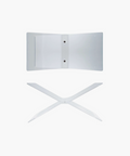 Transparent X-shaped and open book-like acrylic stands on plain white background. Modern, minimalist design, emphasizing simplicity and elegance. | S.W. Home