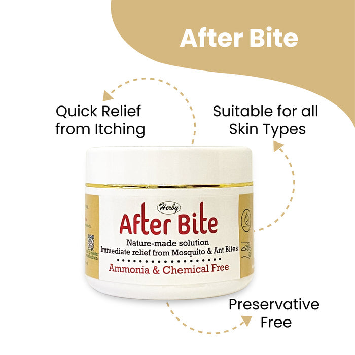Infographic on Herby After Bite jar showing quick itch relief, all skin types suitability, and preservative-free.