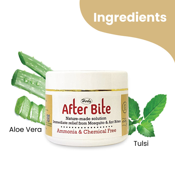 Herby After Bite jar shown with fresh aloe vera leaves and tulsi sprigs highlighting its key natural ingredients.