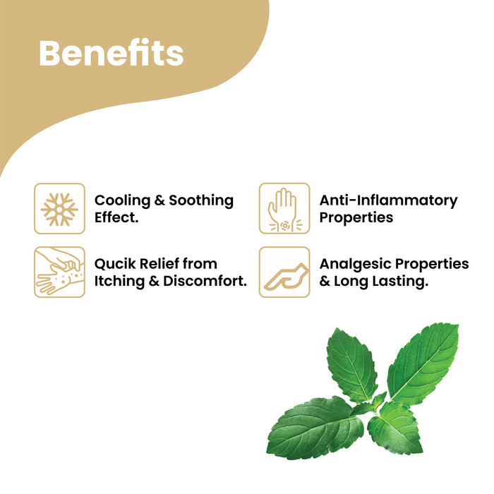 Benefits graphic for Herby After Bite showing cooling relief, anti-inflammatory action, and long-lasting relief.