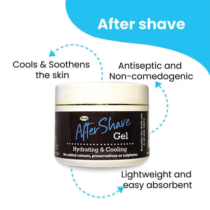 Herby After Shave balm feature graphic highlighting cooling, soothing, antiseptic and lightweight skincare benefits.
