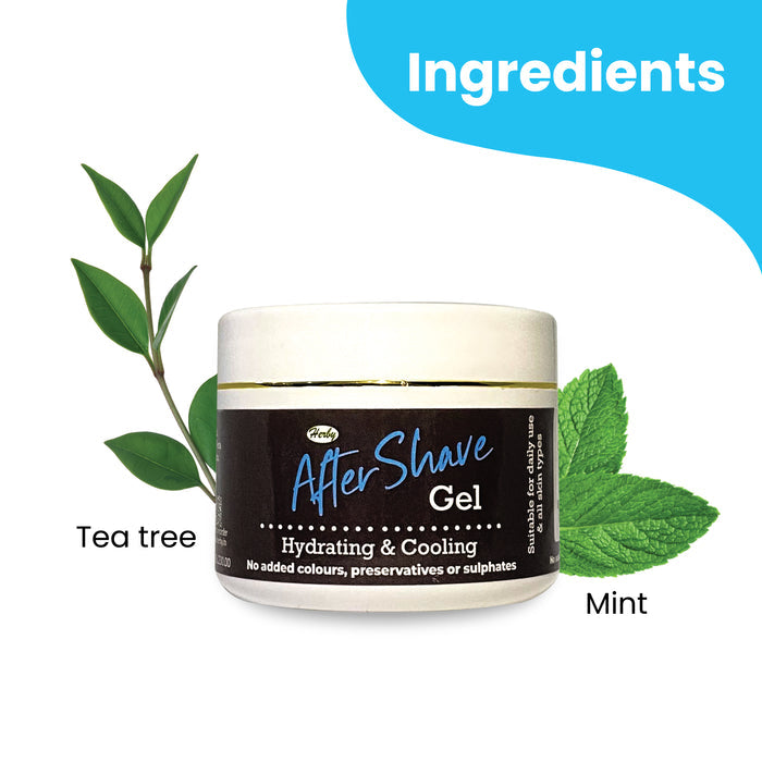 Herby After Shave balm ingredient graphic featuring tea tree and mint beside the hydrating and cooling balm jar.