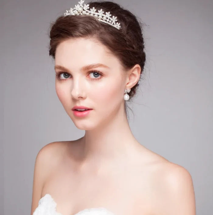 Pearl Wedding Jewelry - Silver Cubic Zirconia and Pearl 3-Piece Bridal Jewelry Set  with Half Tiara