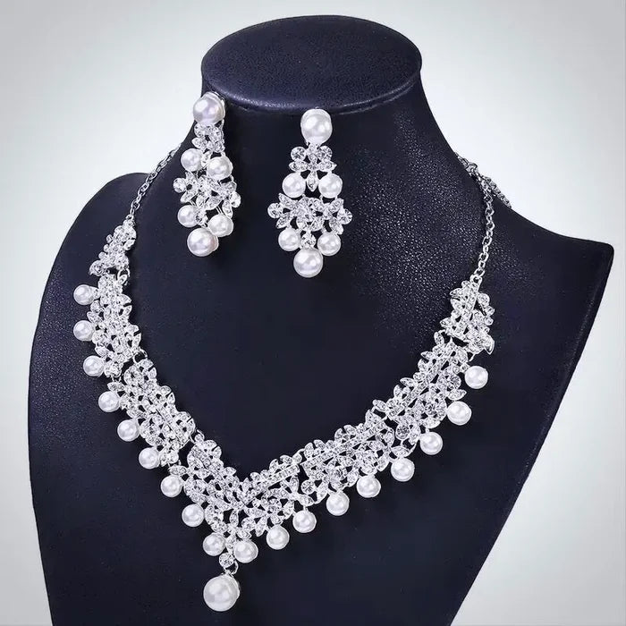 Pearl Wedding Jewelry - Silver Cubic Zirconia and Pearl 3-Piece Bridal Jewelry Set  with Half Tiara