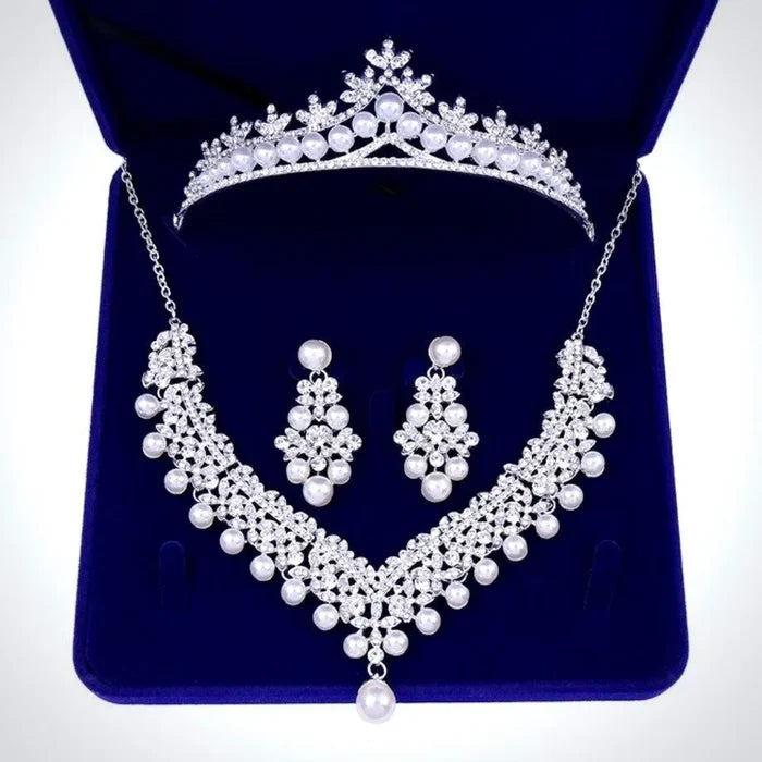Pearl Wedding Jewelry - Silver Cubic Zirconia and Pearl 3-Piece Bridal Jewelry Set  with Half Tiara