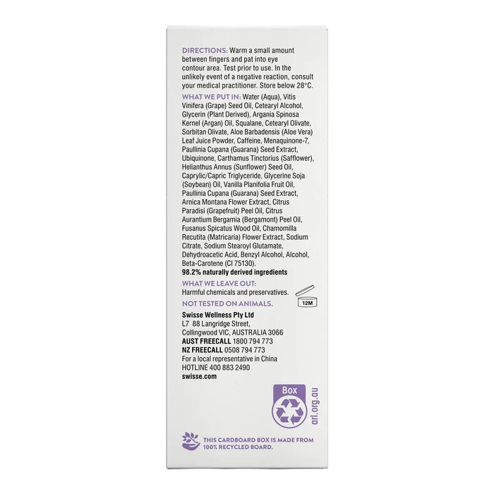 Back of a Swisse product packaging with text and branding.