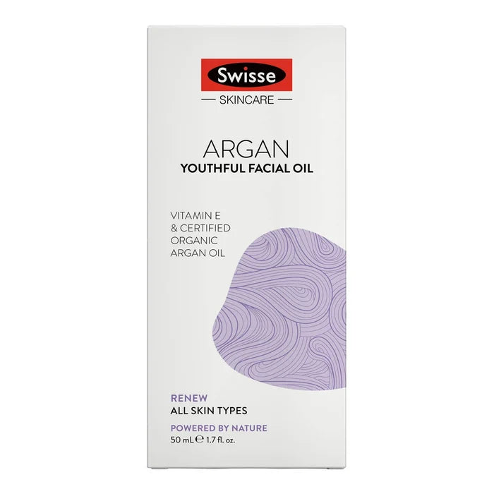 Swisse Argan Youthful Facial Oil packaging on a white background