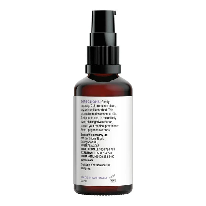 Side of Argan Youthful Facial Oil bottle showing directions. Made in Australia.