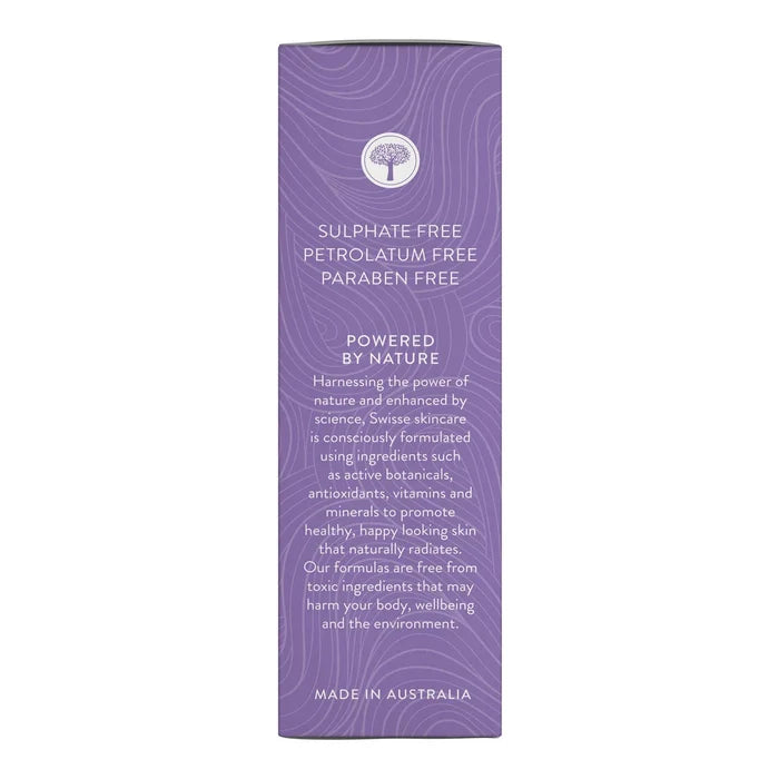 Side of box packaging of argan facial oil with purple design and 'powered by nature'. Sulphate, petrolatum & paraben free.